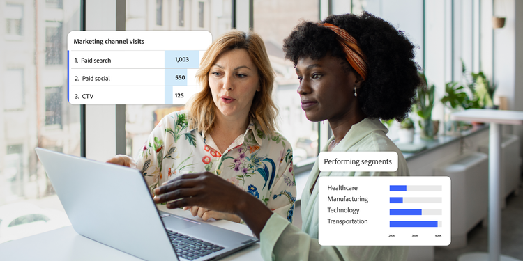 A woman with glasses sits at a desk with personal items, smiling confidently. A digital overlay shows e-commerce metrics and a coffee subscription website mockup with payment options.