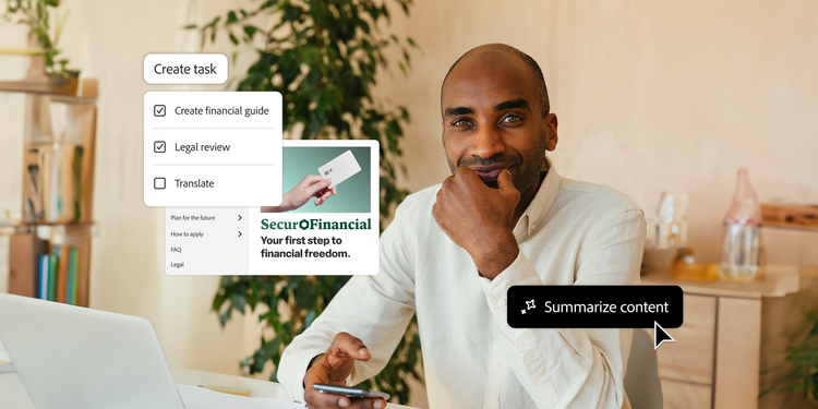 Man with smartphone with an ad for SecurFinancial, a summarise content task and a create task text box with three options, including create financial guide, legal review and translate. The boxes for create financial guide and legal review are check marked.