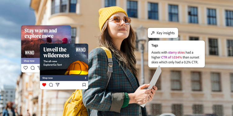 Woman in yellow beanie with tablet, overlaid with outdoor gear ads and marketing CTR insights.