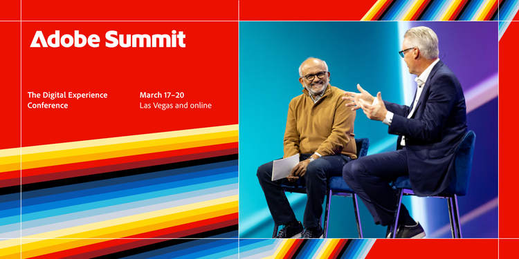 Promotional graphic for Adobe Summit, The Digital Experience Conference, scheduled for 17-20 March in Las Vegas and online. The image shows two smiling speakers seated on stage, engaging in a conversation, set against a vibrant backdrop of colourful diagonal stripes.