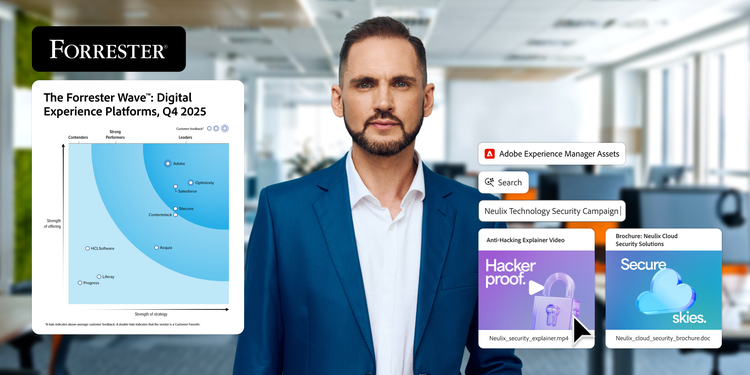 A business professional in a modern office setting with digital elements overlaid, including a Forrester Wave chart for Digital Experience Platforms and Adobe Experience Manager assets icon.