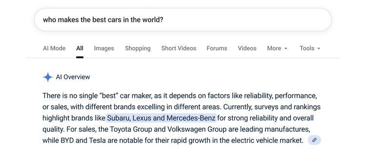 Google search results for who makes the best cars in the world? with AI Overview highlighting top car brands.