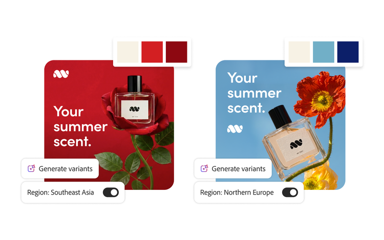 Same ad creative adapted for two different regional markets, using warm and cool colour palettes while preserving the same imagery and message.