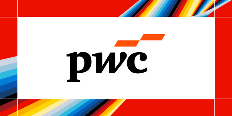 PwC logo centred on a red and white background with multicolor graphic accents.