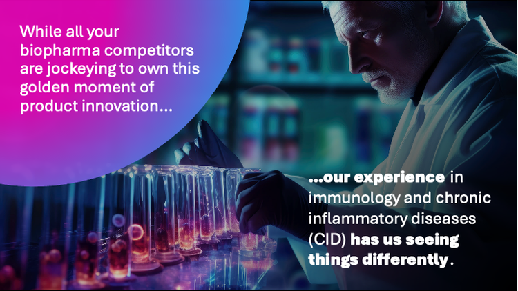 A dark image of a man working in a laboratory. Image is overlayed with text explaining that biopharma competitors are jockeying to own the golden moment of product innovation.