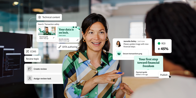 An illustration featuring UI elements for content authoring, publishing workflow and analytics.