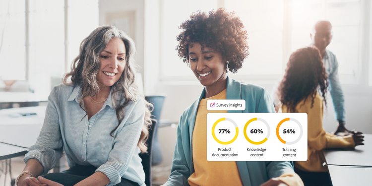 Two professionals check key findings from the 2025 Adobe Survey on long-form content — product documentation, knowledge and training.