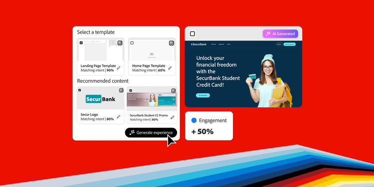 A stlylised digital graphic of a website builder interface, featuring a laptop screen displaying a coffee subscription website with the text 'Fall in love with coffee. Every single month.' The interface shows website elements like buttons and content fragments being edited.