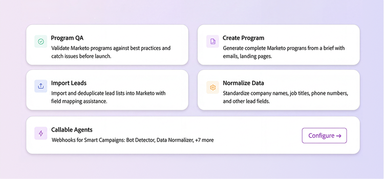 Product interface showing agentic skills within Adobe Marketo Engage.