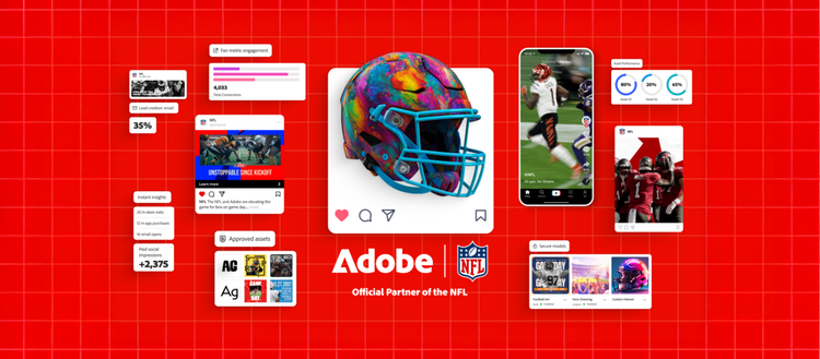 Adobe NFL partnership graphic showing a colourful customised football helmet, fan engagement metrics, social media posts, mobile highlights and performance dashboards on a red grid background with Adobe and NFL logos.