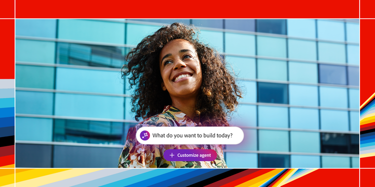 Woman smiling with a text prompt that reads