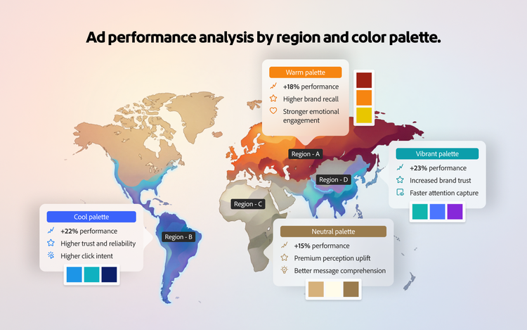 Ad performance analysis across global markets, highlighting regional engagement patterns based on different colour palettes.