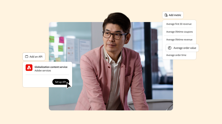 A man in glasses and a pink blazer is surrounded by Adobe Commerce UI elements, including an API button set-up and a metric option to add the average order value.