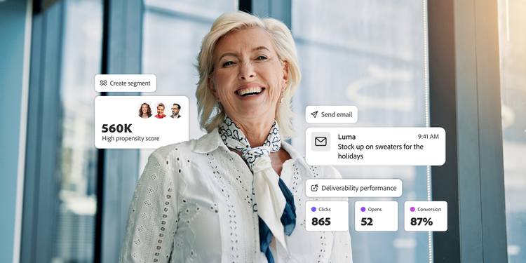 A marketer reviews segment size, performance stats and conversion rates for an email campaign via a marketing dashboard.