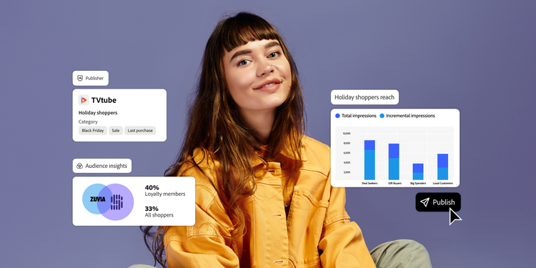 Woman smiling with visuals of data charts showing holiday shopper insights.