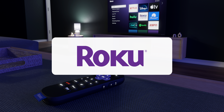 Image of a TV in a dark sitting room overlaid with the Roku logo.