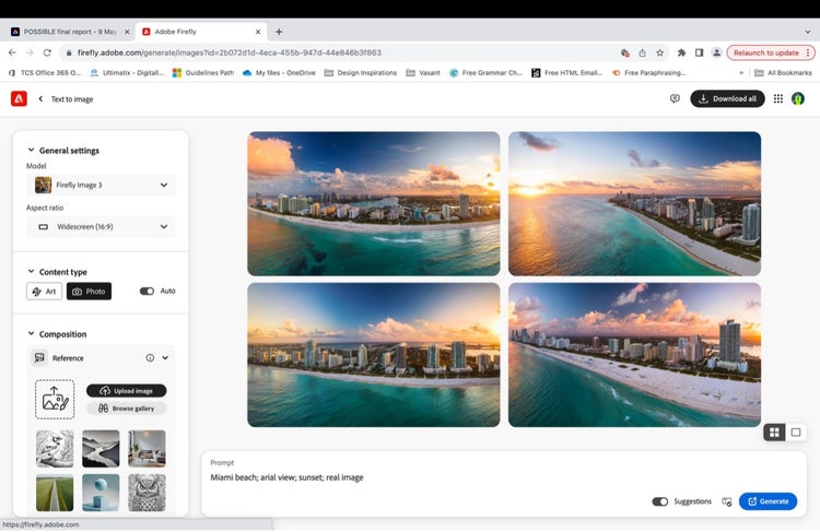 Screenshot of Adobe Firefly displaying four generated aerial photographs of Miami Beach at sunset, showcasing vibrant ocean colours, the city skyline and sandy beachfronts.