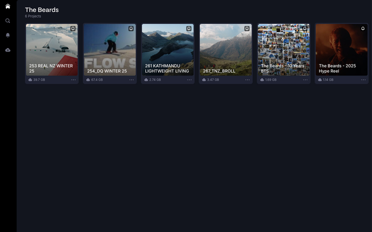 Dashboard view of six media projects under “The Beards,” showing file sizes, preview thumbnails and titles.