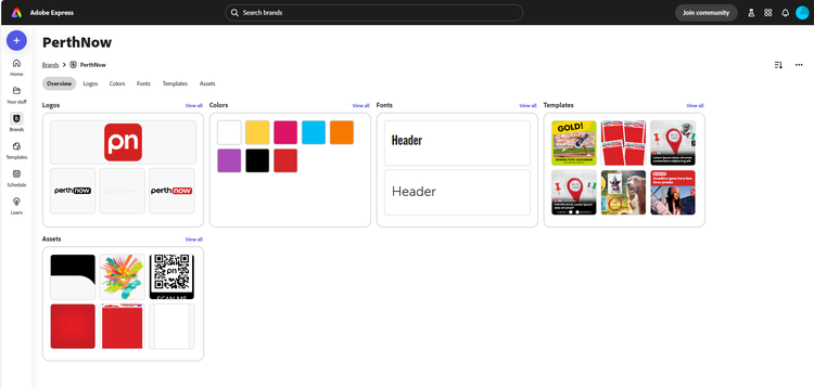 Adobe Express product interface within a product called PerthNow with folders for logos, colours, fonts, templates and assets.