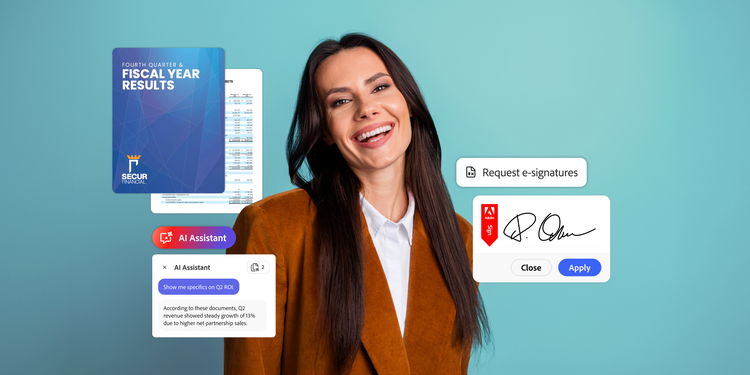 An image showing a finance professional using AI to review quarterly results and request e-signatures.