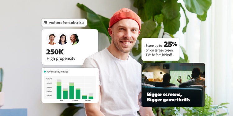 Audience metrics and promo content shown around a smiling man, with charts, personas and sports-themed ad messaging.