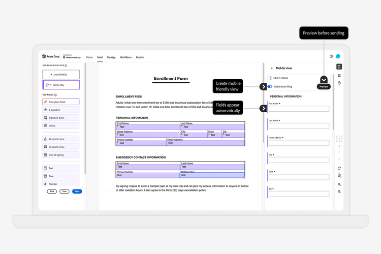 Desktop view of Acme Corp form showing mobile preview option before sending.