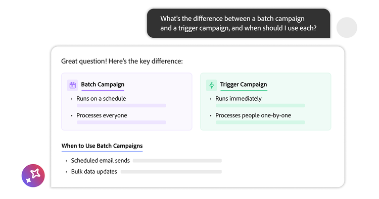 Product interface showing the product knowledge question-answer feature within Adobe Marketo Engage.