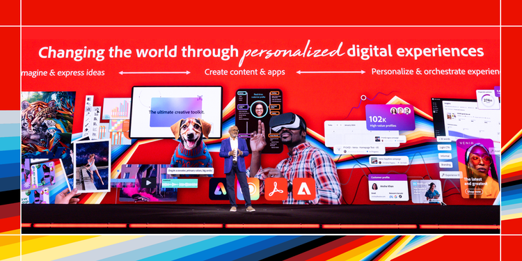 A speaker stands on stage in front of a large digital screen displaying a vibrant collage of marketing content, analytics dashboards, social media posts and design tools. The visuals include product ads, charts, UI elements and colourful graphics. The stage is framed by a red border with diagonal rainbow-coloured stripes at the top and bottom edges, creating a dynamic and energetic atmosphere.