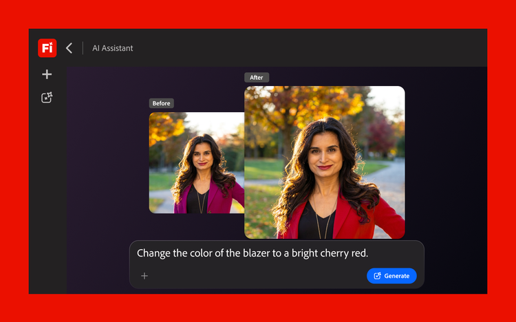 Before-and-after headshots demonstrating generative AI-based editing capabilities of Adobe Firefly.