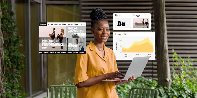 Smiling woman holding a laptop outdoors, with visual elements showing website design layouts, typography examples and a performance analytics chart, suggesting digital design or marketing work.