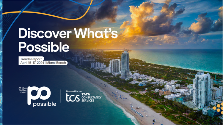 Aerial view of Miami Beach at sunset, showing the city skyline, beachfront and vibrant ocean colours. Text overlay reads 'Discover What’s Possible, Trends Report, 15-17 April, 2024 | Miami Beach,' with logos for POSSIBLE (an MMA Global Event) and Tata Consultancy Services as Diamond Partner.