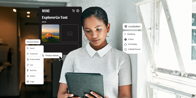 A woman stands next to a window using a tablet. Image overlays display a product listing for a tent by WKND. Editor interface shows buttons to add forms, buttons, text or links. Localisation menu also overlayed with different currency options.