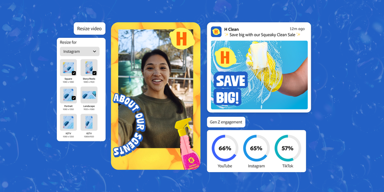 Visual showing social media video resizing options for Instagram formats like Story, Reels and IGTV, with a promotional cleaning product ad and Gen Z engagement metrics for YouTube, Instagram and TikTok.