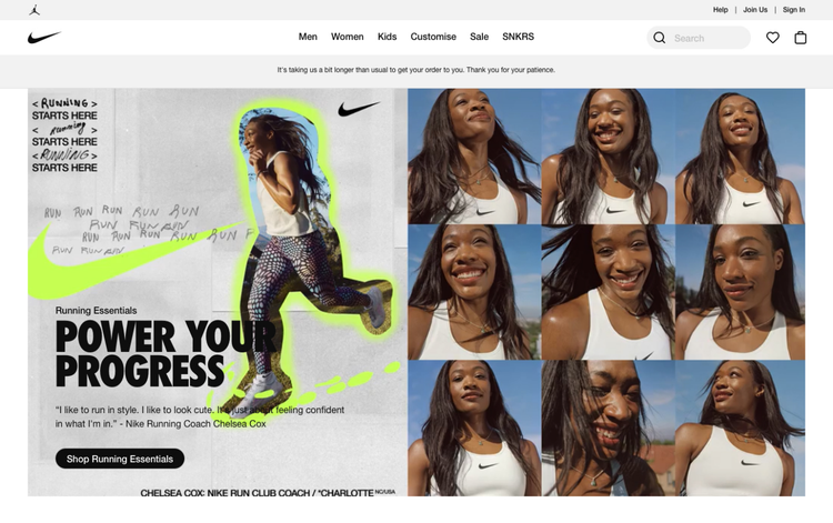 The Nike website displays personalised and mobile-first images of a young female athlete with the words POWER YOUR PROGRESS.