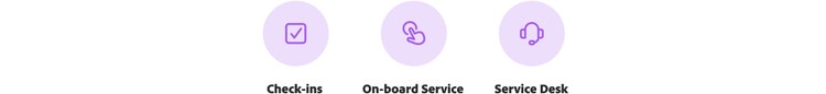 Three icons depicting Check-ins, On-board Service and Service Desk.