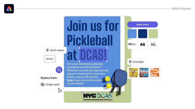 Adobe Express generated community Pickelball poster and one-click brand options