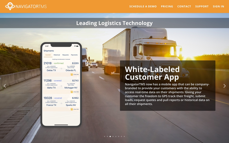 NavigatorTMS website banner showing a semi-truck on a highway and a smartphone displaying a delivery tracking app.