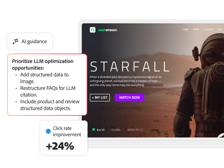 AI SEO tips for LLM optimisation, structured data and FAQs — shown beside streaming site preview with “Watch now” CTA.