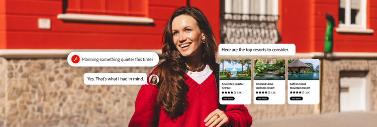 Travel booking interface showing a welcome message for Lauren and top resort recommendations, including Azure Bay Coastal Retreat, Emerald Lotus Wellness Resort and Saffron Cloud Mountain Resort.