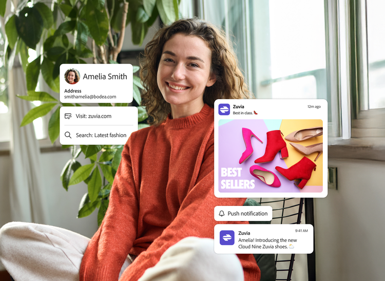 Smiling woman in orange pullover with shopping app overlays; Zuvia messages promote Cloud Nine shoes and top picks.