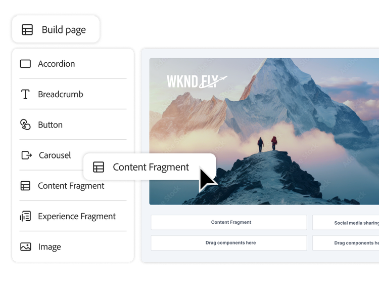 A menu of drag-and-drop website building options. A Content Fragment being dropped into a mountain holiday site