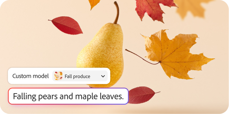 A hard-to-photograph image of falling pears and leaves is generated using a customised model