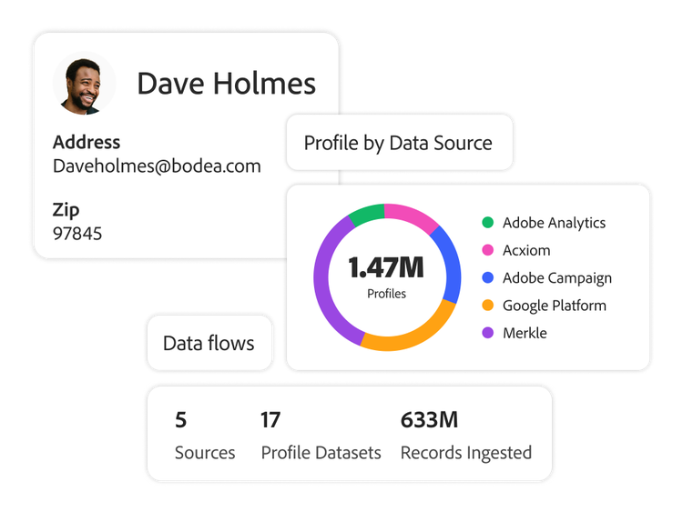 Customer profile view showing details, a 1.47M profiles data-source chart and counts of sources, datasets and records ingested.