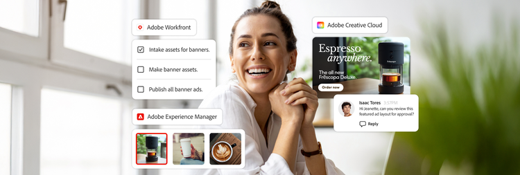 Interface with Adobe Workfront, Acrobat, Experience Manager and Creative Cloud elements around a smiling user