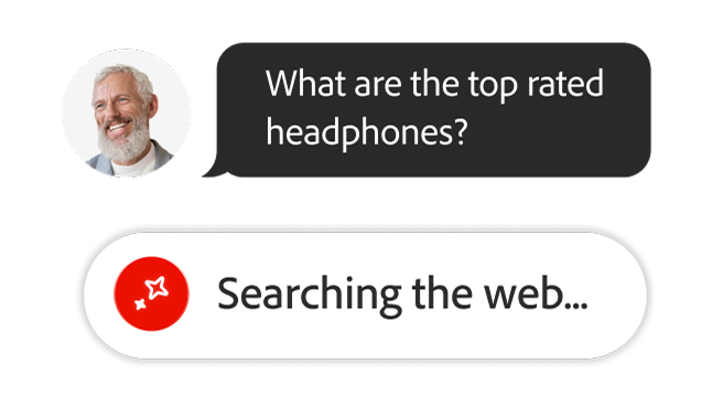Chat mockup showing the message “What are the top rated headphones?” with a “Searching the web…” response.
