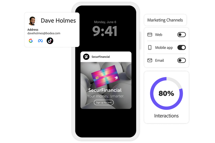 Mobile engagement view with customer data, channel controls and an 80% interactions chart.