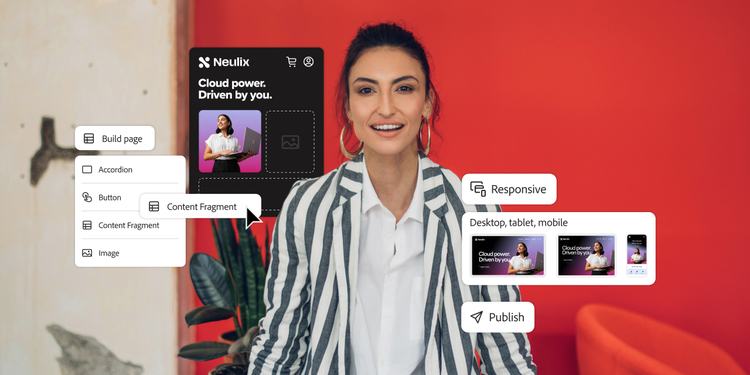 An image showing the use of Adobe Experience Manager to create, edit, revise, review and publish content.