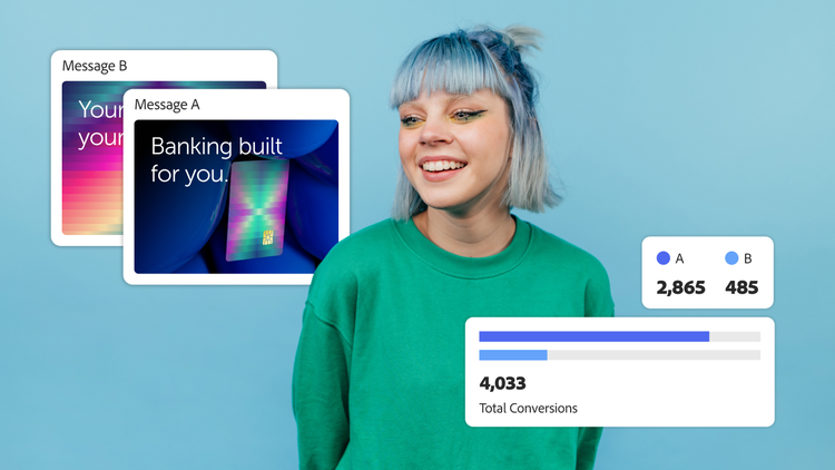 Two mobile messages displayed with A/B test results showing conversions and total performance metrics.
