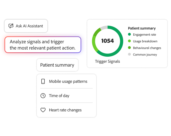 An AI assistant analyses patient data signals to trigger relevant actions based on behaviour, usage and engagement.
