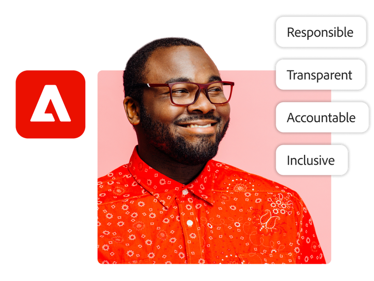 A man made happy because Adobe's AI is responsible, transparent, accountable, and inclusive